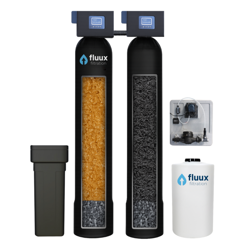 Iron and sulfur removal system for well water with oxidation filtration setup and hydrogen peroxide tank for odor and stain removal