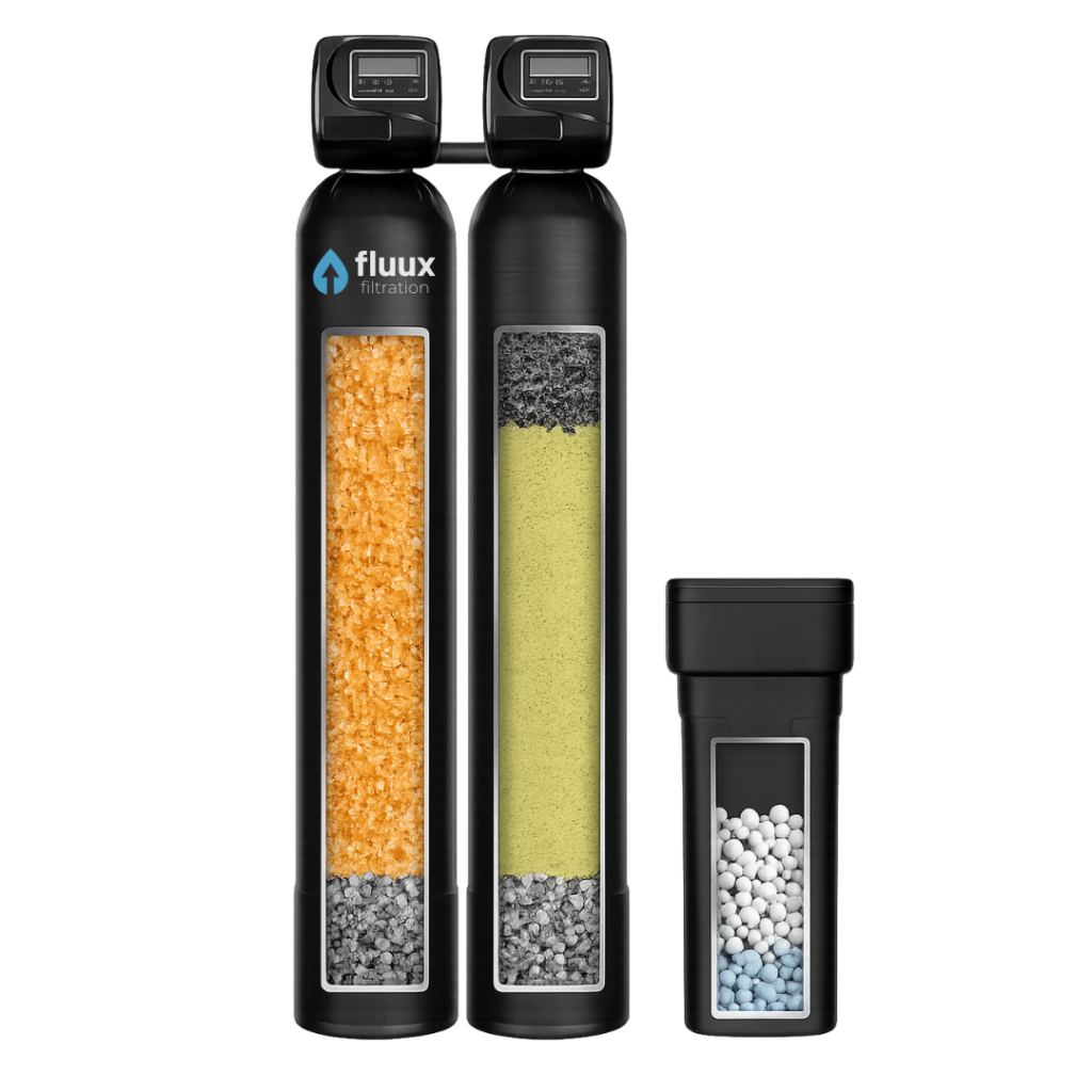 Dual tank well water filtration system for home use treating iron sulfur and sediment in private well water supply system